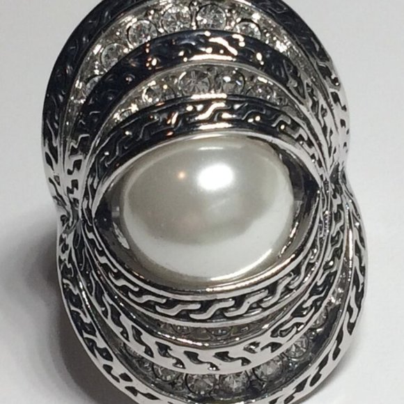 Pearl Cocktail Ring Size 6 Art Deco Statement Vintage Style Silver RhodiumPlated - Picture 10 of 12